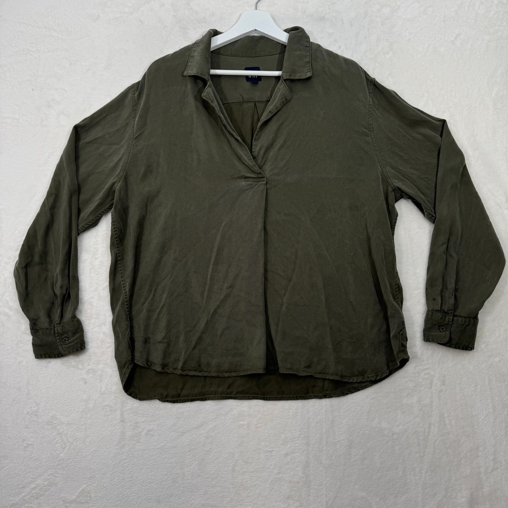 GAP Blouse Womens XL Olive Green Popover V-Neck Lyocell Rayon Relaxed‎ Fit Long